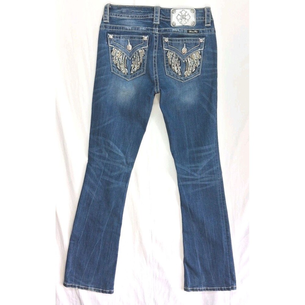 Miss Me Blue Jeans Womens 26x33 Mid Rise Boot Angel Wings Pockets Y2k Embroidery
